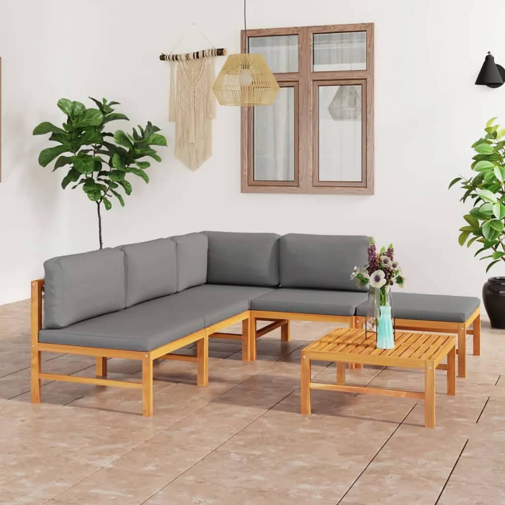 Salon de jardin 6 pcs avec coussins gris Bois de teck solide