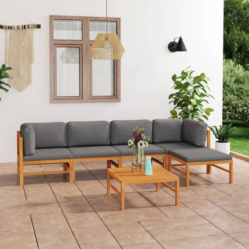 vida XL 6-tlg. Garten-Lounge-Set mit Grauen Kissen Massivholz Teak