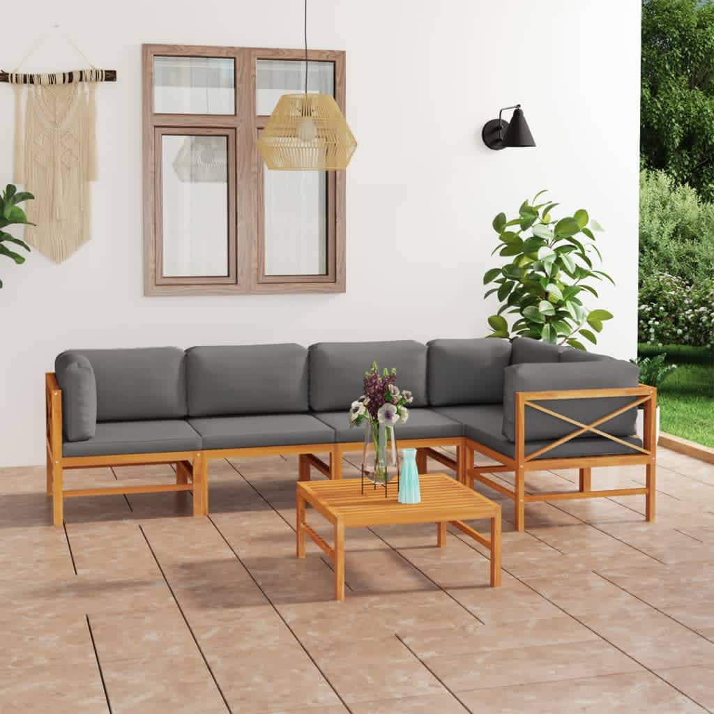 vida XL 6-tlg. Garten-Lounge-Set mit Grauen Kissen Massivholz Teak
