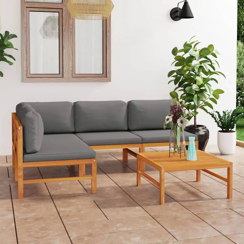 vida XL 5-tlg. Garten-Lounge-Set mit Grauen Kissen Massivholz Teak