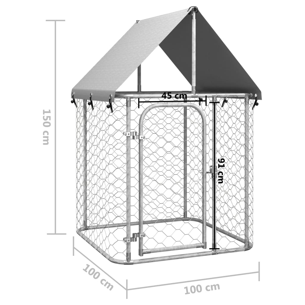 Chenil d'extérieur en acier galvanisé avec toit pour chien - Panneaux à mailles - 100x100x150 cm - 1m²