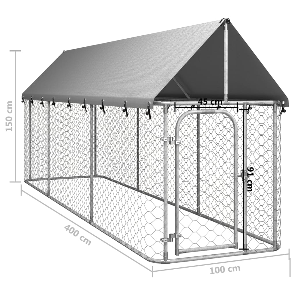 Chenil d'extérieur en acier galvanisé avec toit pour chien - Panneaux à mailles - 400x100x150 cm - 4m²