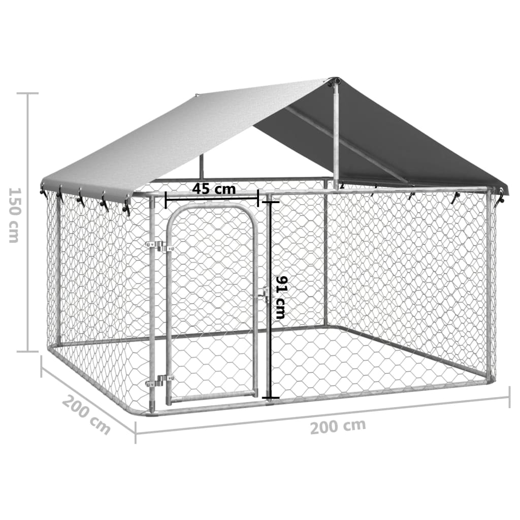 Chenil d'extérieur en acier galvanisé avec toit pour chien - Panneaux à mailles - 200x200x150 cm - 4m²