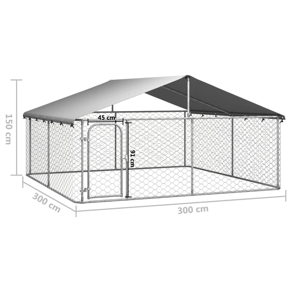 Chenil d'extérieur en acier galvanisé avec toit pour chien - Panneaux à mailles - 300x300x150 cm - 9m²