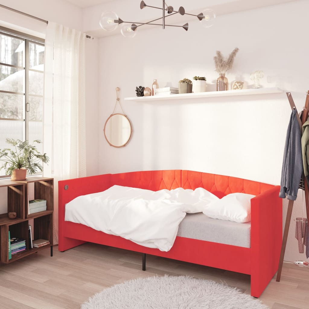 vidaXL Dnevna postelja z vzmetnico USB vinsko rdeč žamet 90x200 cm