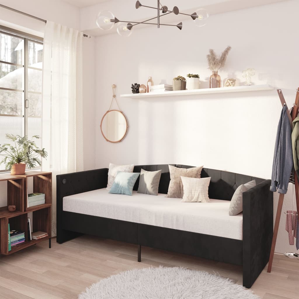 vidaXL Pat de zi cu saltea & USB, negru, 90×200 cm, catifea vidaxl.ro