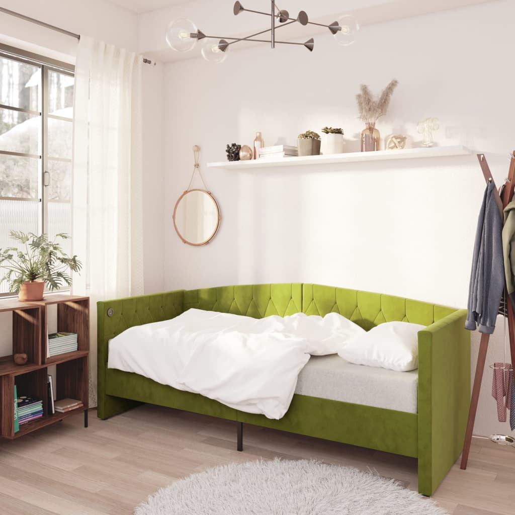 vidaXL Καναπές Κρεβάτι με Στρώμα & USB Αν. Πράσινο 90x200 εκ. Βελούδ.