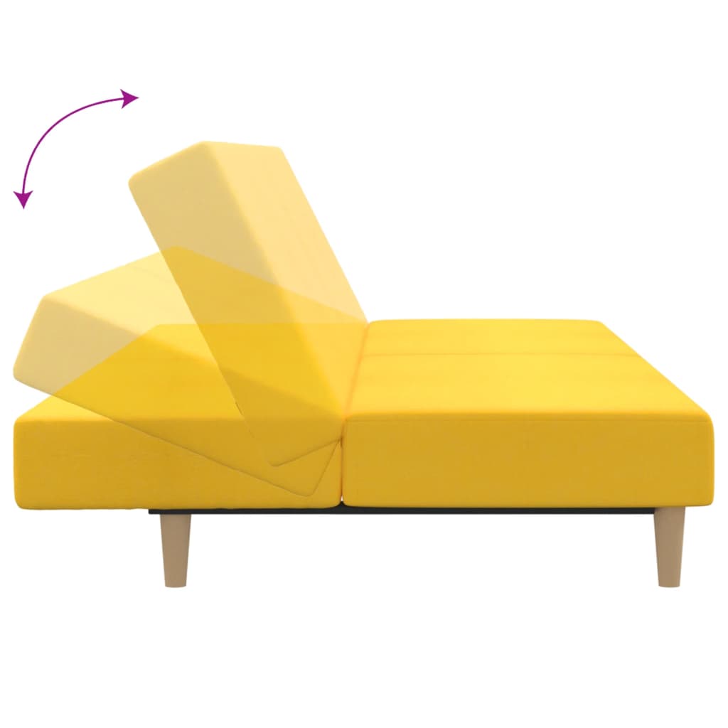 Kétszemélyes sárga szövet kanapéágy lábtartóval 