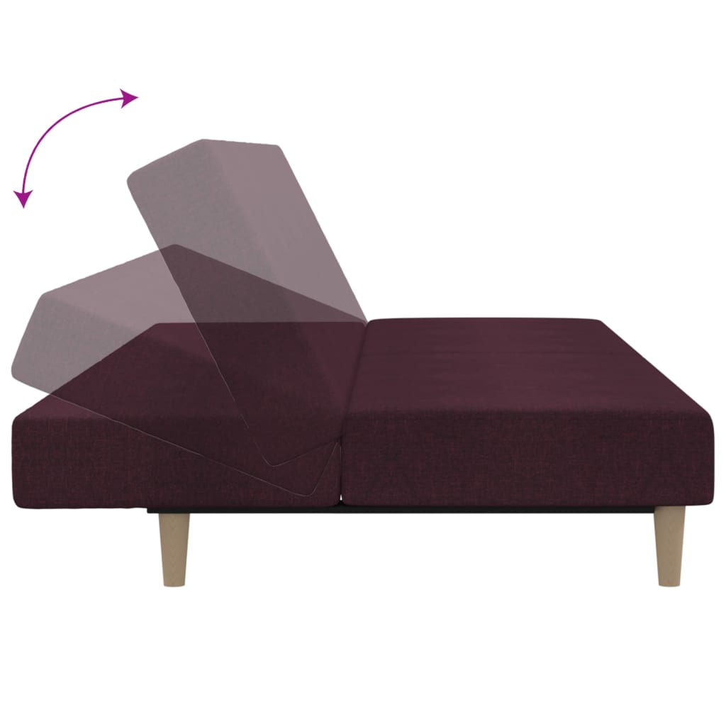 Kétszemélyes lila szövet kanapéágy lábtartóval 