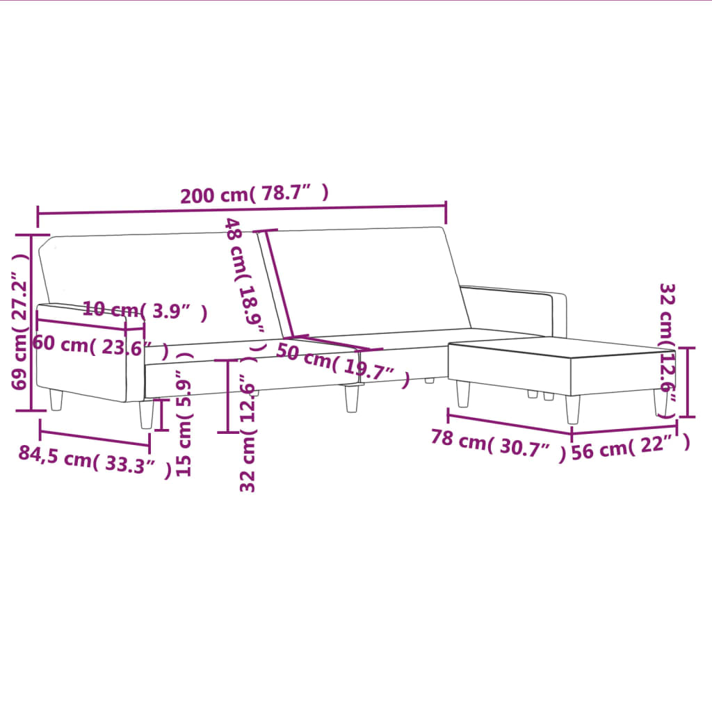 2-местен диван с поставка за крака, син, текстил