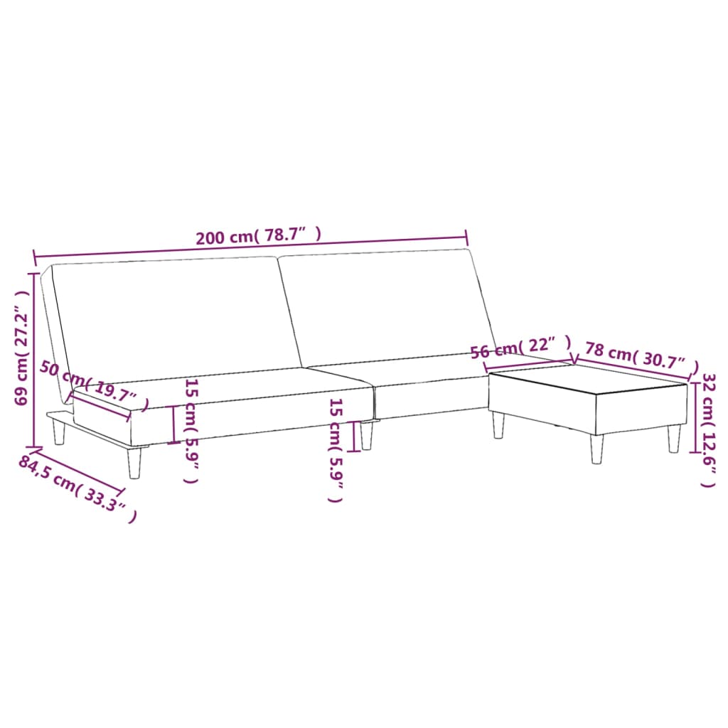 Canapea extensibilă cu taburet, 2 locuri, maro, catifea