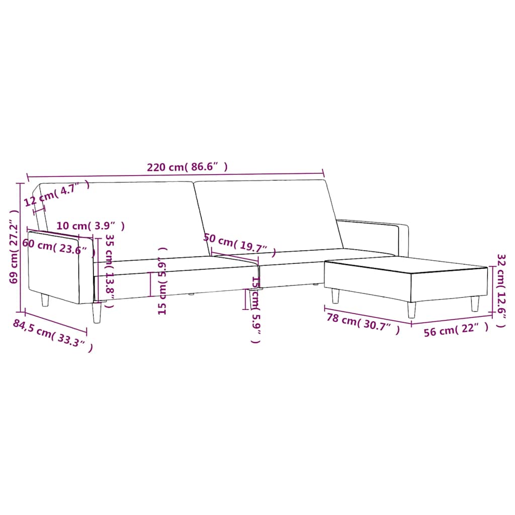 Canapea extensibilă cu taburet, 2 locuri, roz, catifea