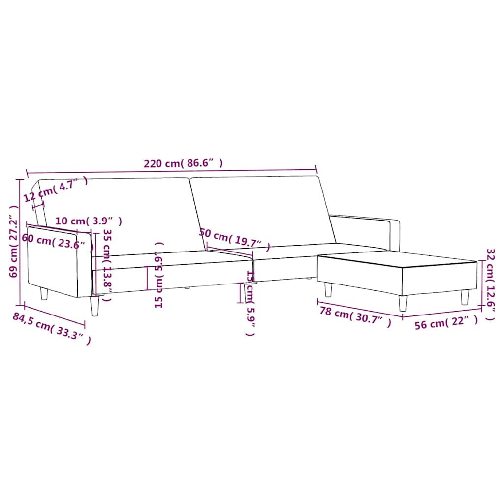 2-местен диван с поставка за крака, жълт, кадифе