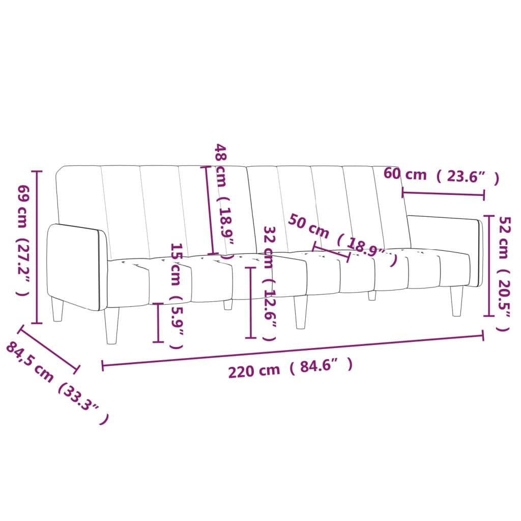 2-местен разтегателен диван с табуретка, лилав, текстил