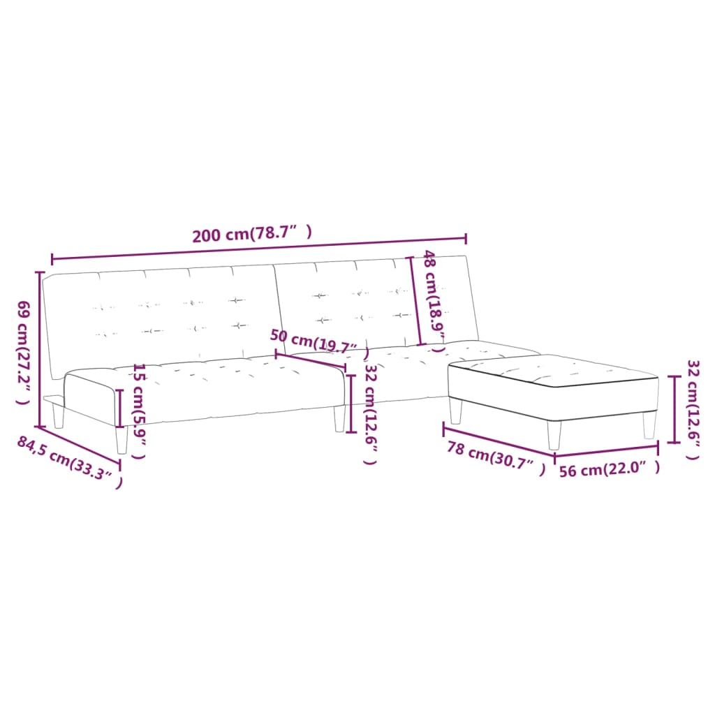 kétszemélyes világosszürke bársony kanapéágy lábtartóval