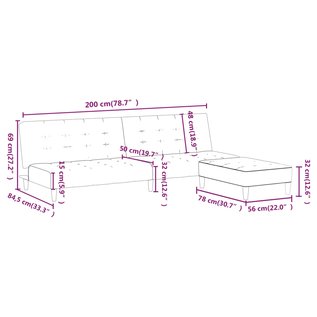 Canapea extensibilă cu taburet, 2 locuri, crem, catifea