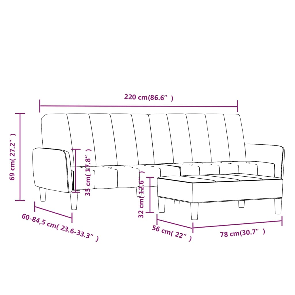kétszemélyes világosszürke bársony kanapéágy lábtartóval