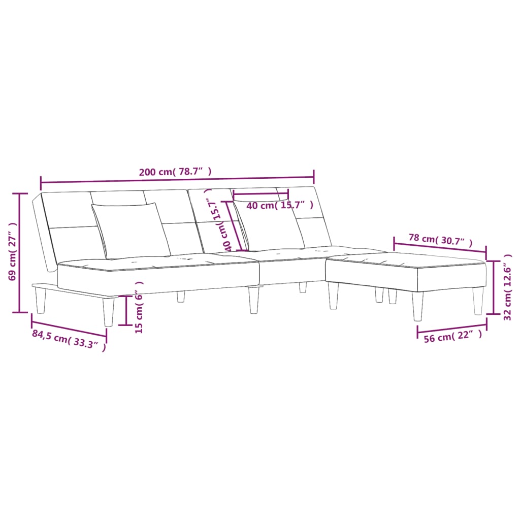 Canapea extensibilă 2 locuri, 2 perne/taburete, galben, textil