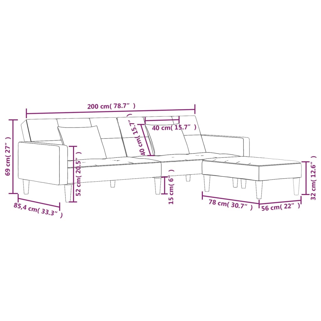 Canapea extensibilă 2 locuri, 2 perne/taburete, galben, textil