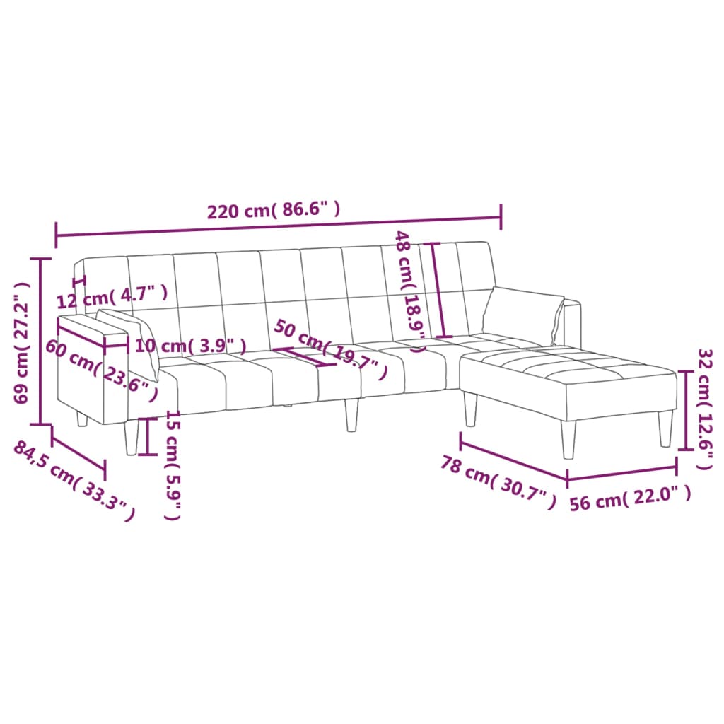Canapea extensibilă 2 locuri, 2 perne/taburet, negru, textil