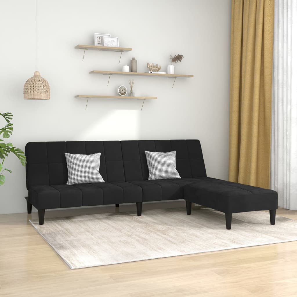 Canapé-lit à 2 places avec repose-pied Noir Velours
