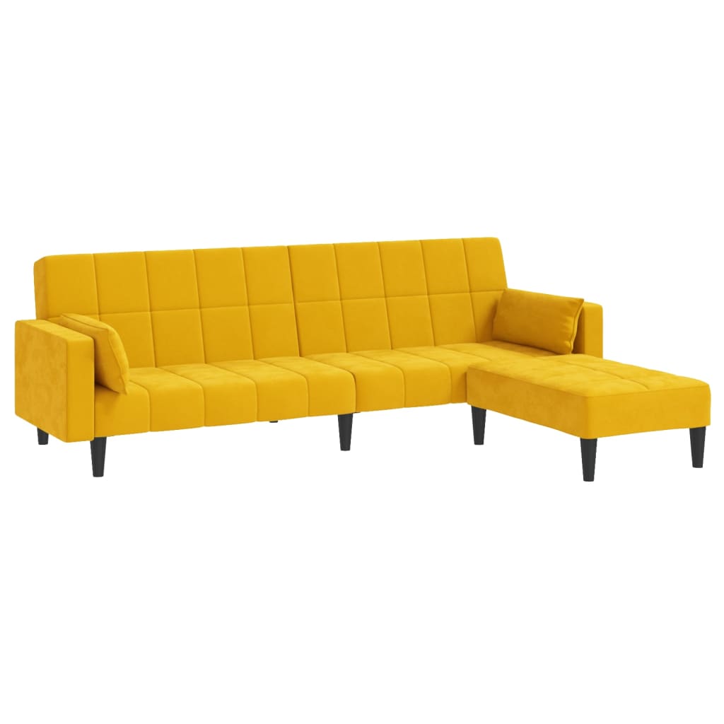 vidaXL Kavč dvosed z ležiščem, blazinama in stolčkom rumen žamet