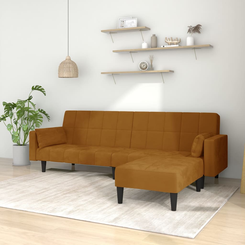 vidaXL Sofá-cama 2 lug. c/ 2 almofadas e apoio de pés veludo castanho