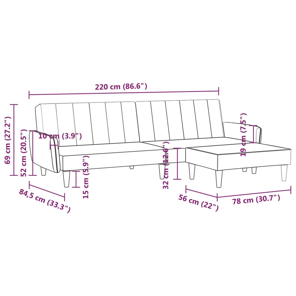 kétszemélyes világosszürke szövet kanapéágy lábtartóval