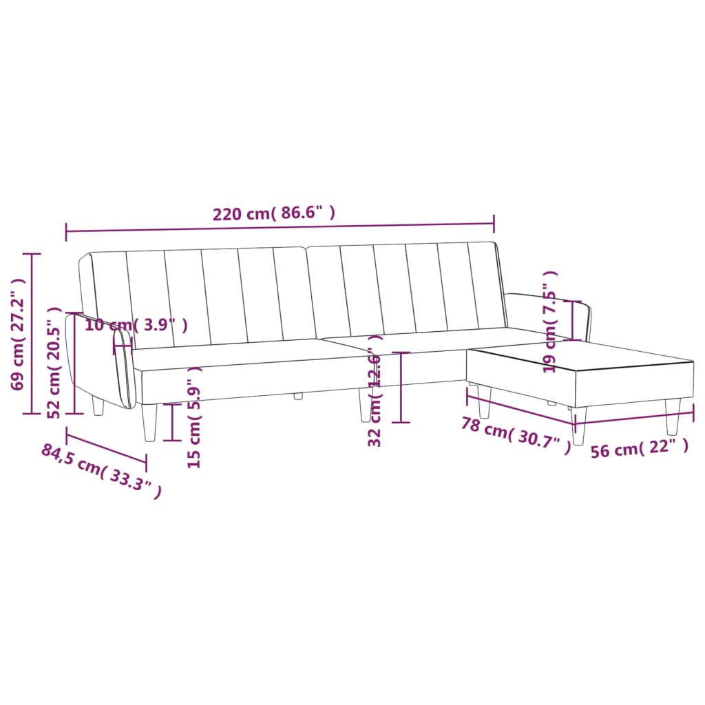 Canapea extensibilă 2 locuri, cu taburet, roșu vin, catifea
