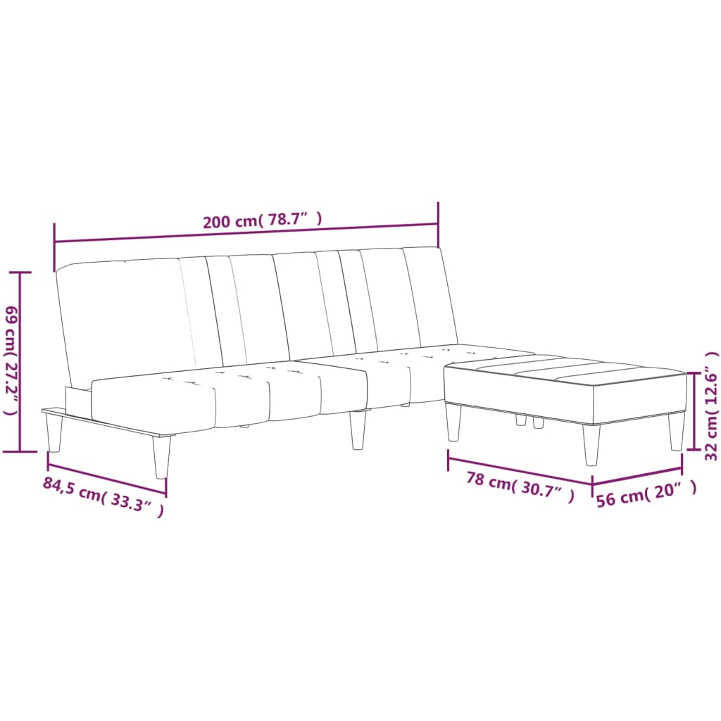 Canapea extensibilă 2 locuri, cu taburet, gri deschis, textil