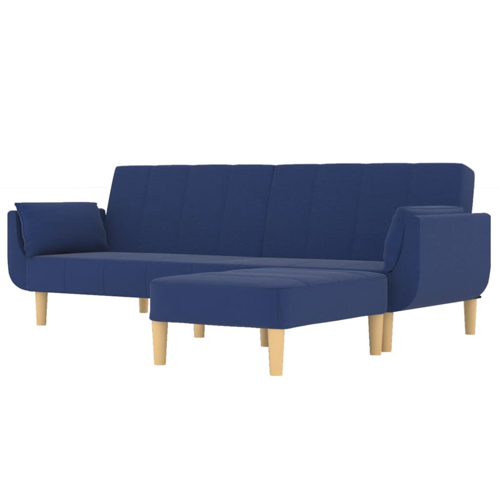vidaXL kétszemélyes kék szövet kanapéágy zsámollyal és két párnával