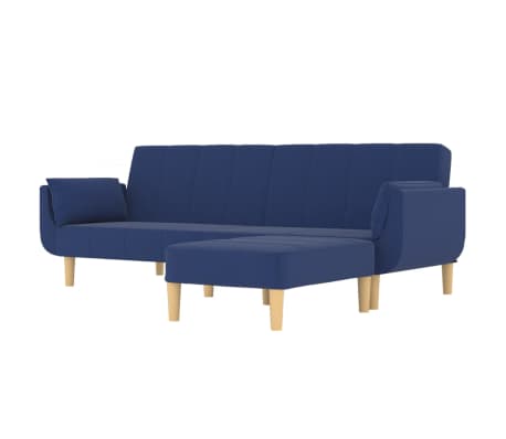 vidaXL 2-vietīga dīvāngulta ar soliņu, divi spilveni, zils audums