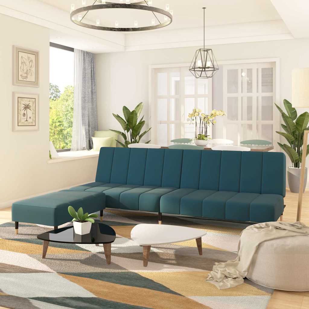 Canapé-lit 2 places avec tabouret Bleu Velours