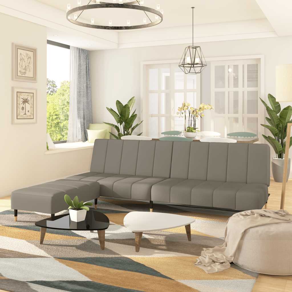 Canapé-lit 2 places avec tabouret Gris clair Velours