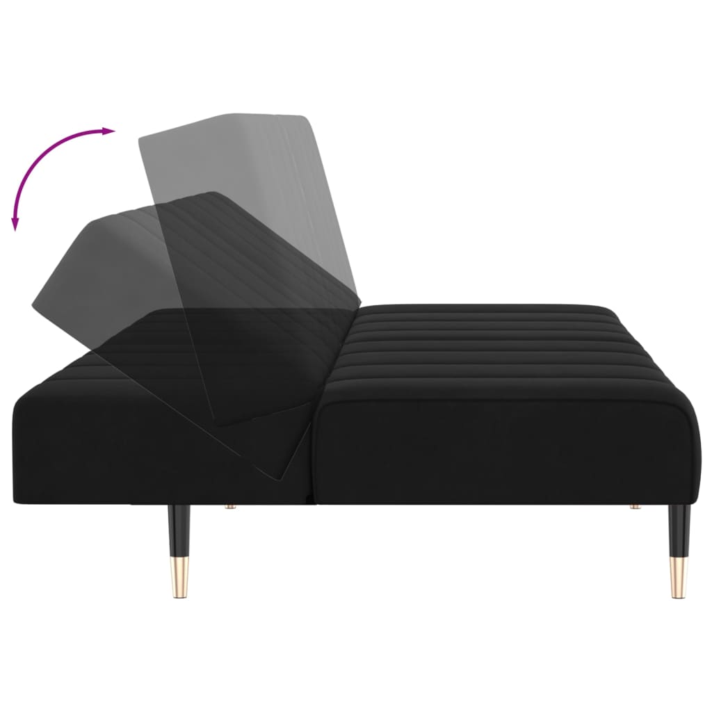 Kétszemélyes fekete bársony kanapéágy zsámollyal 