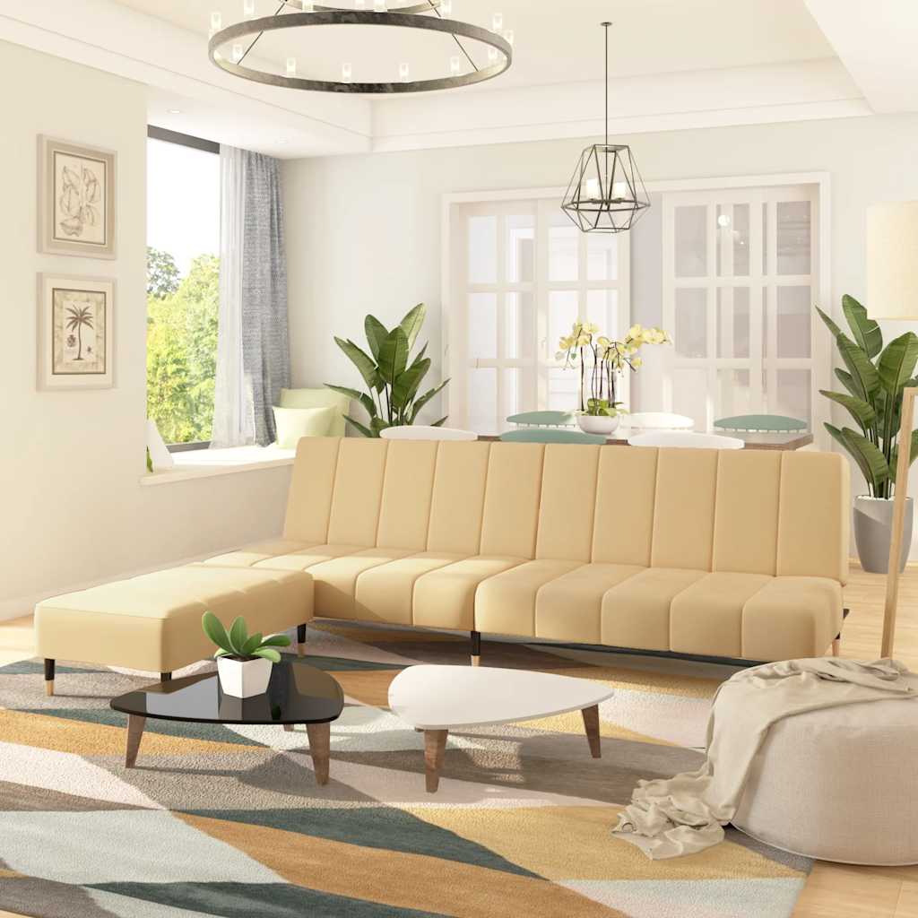 Canapé-lit 2 places avec tabouret Crème Velours