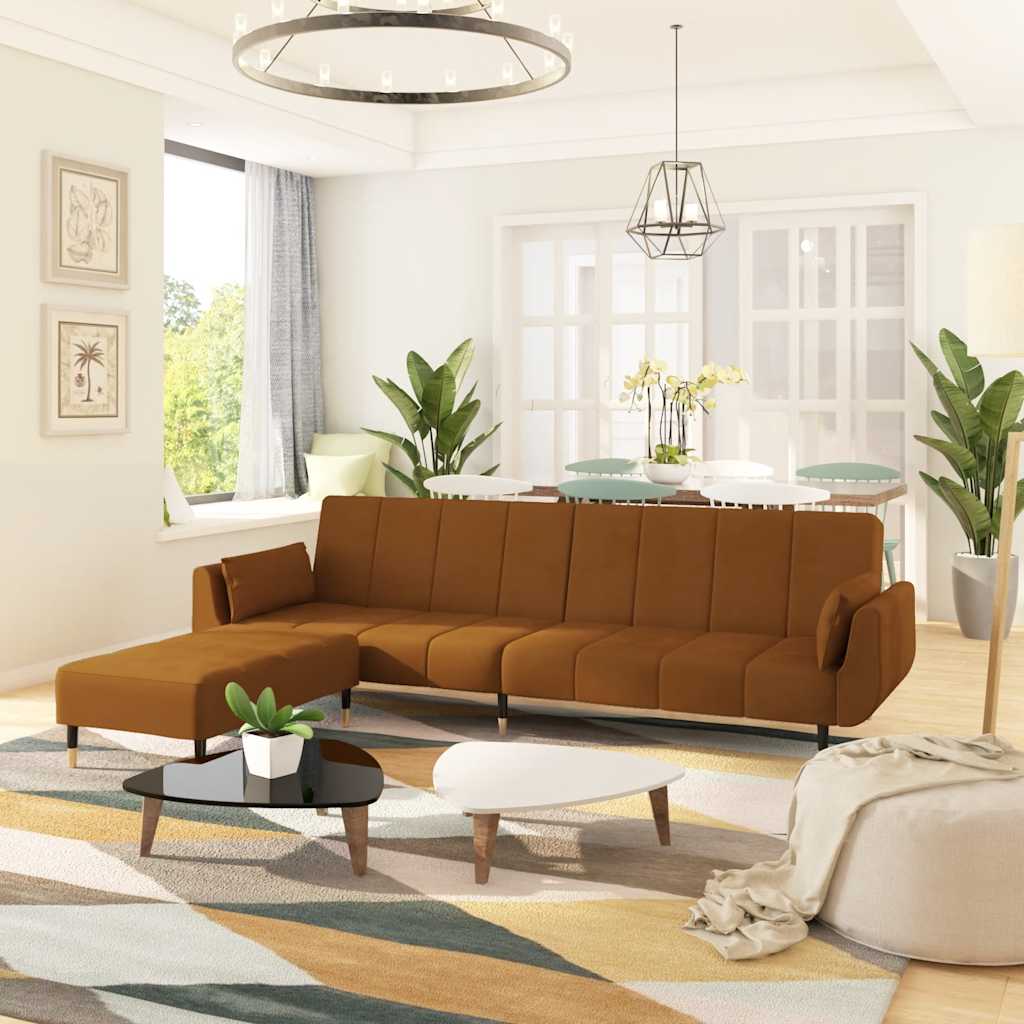 vidaXL Sofá-cama de 2 lugares com banco/2 almofadões veludo castanho