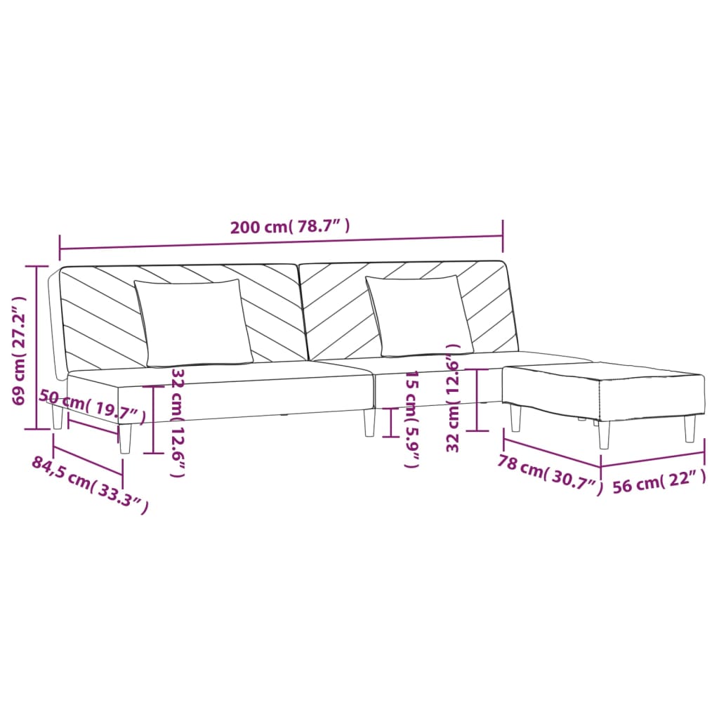 Canapea pat cu 2 locuri, cu 2 perne și taburet, crem, textil