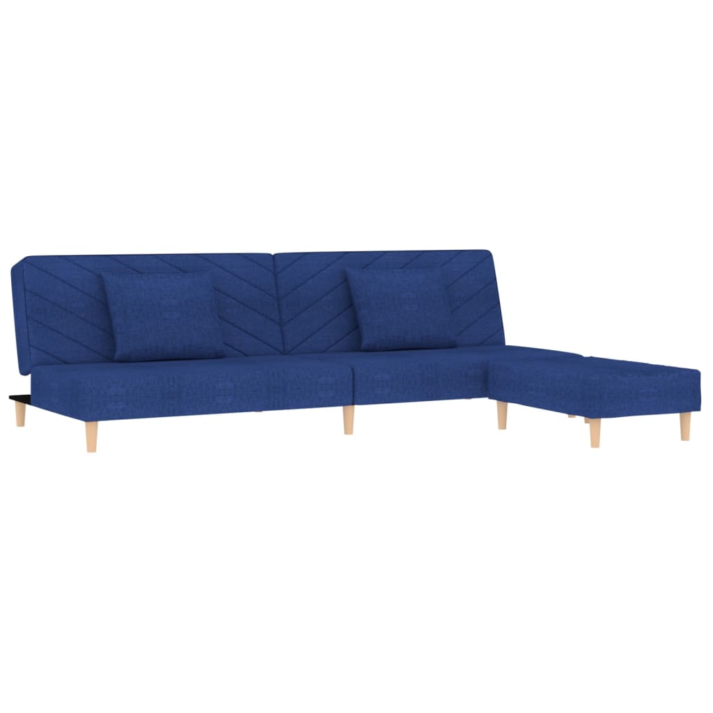 vidaXL Kavč dvosed z ležiščem, blazinama in stolčkom modro blago