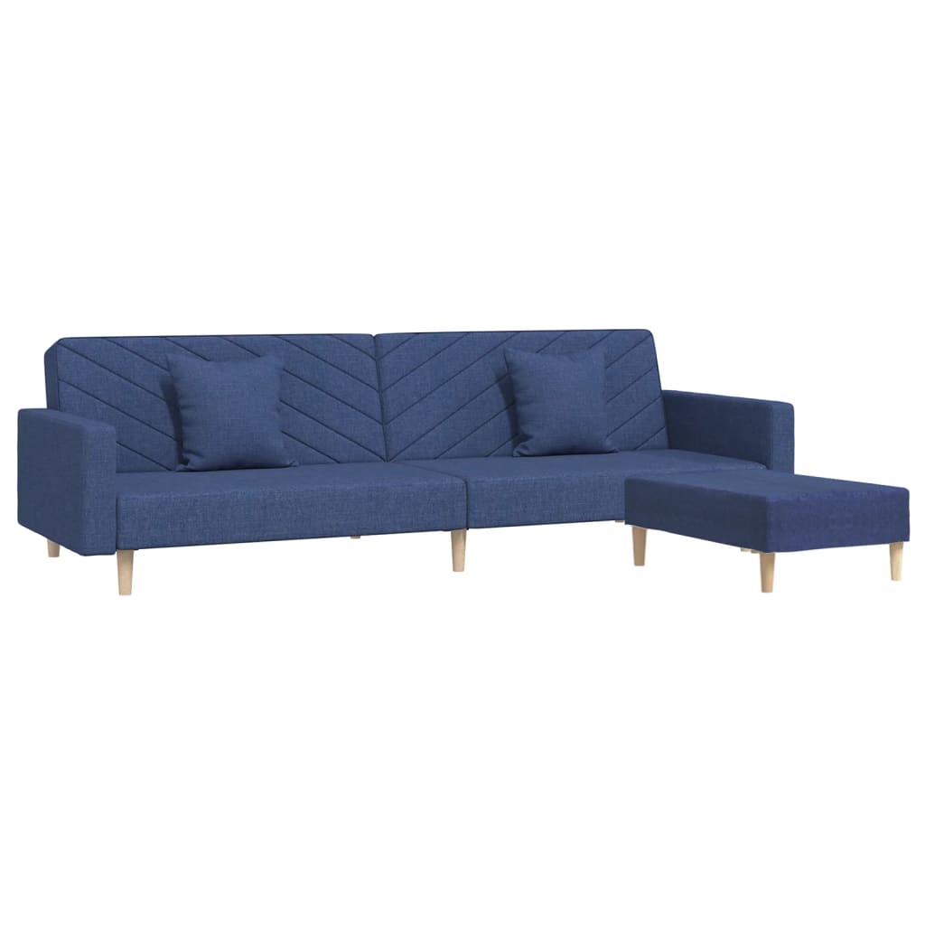 vidaXL divvietīga dīvāngulta ar kājsoliņu, 2 spilveni, zils audums