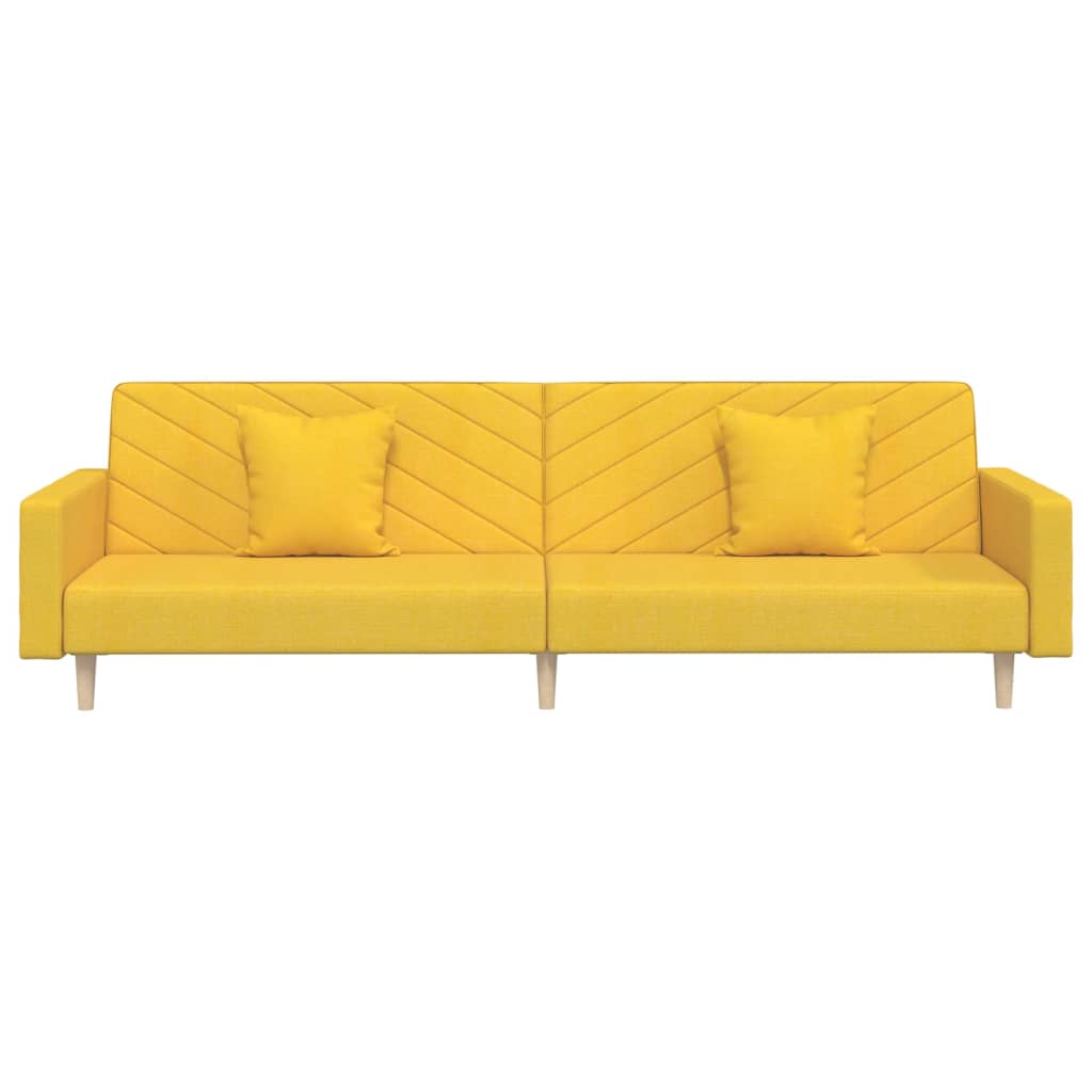 Kétszemélyes sárga szövet kanapéágy 2 párnával és lábtartóval 