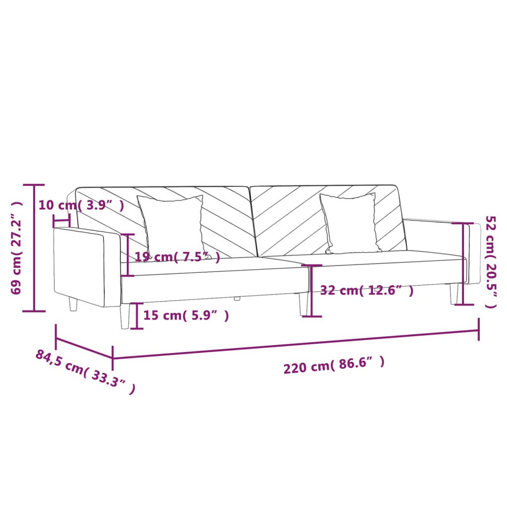 Canapea extensibilă 2 locuri, 2 perne&taburet, violet, textil