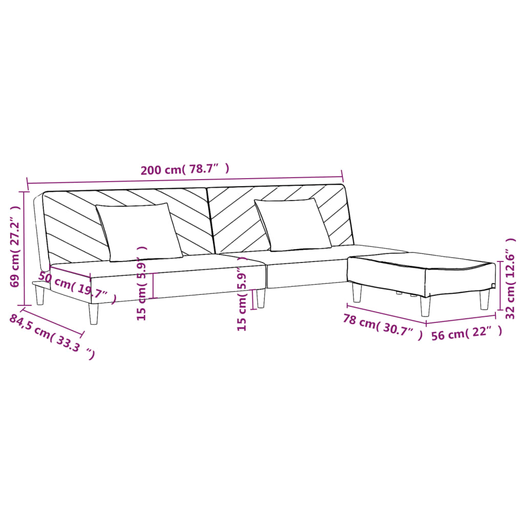 2-местен диван с две възглавници и табуретка, светлосив, кадифе
