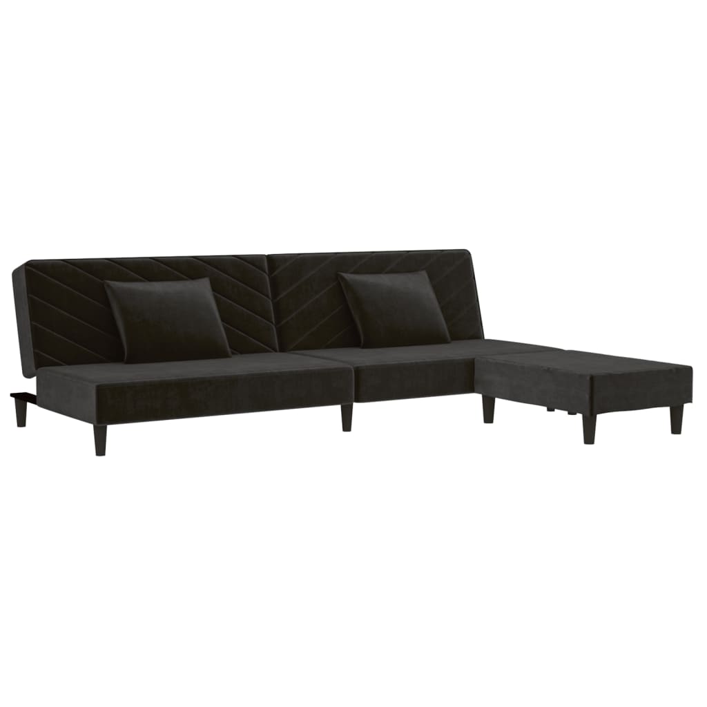 vidaXL 2-местен диван с две възглавници и табуретка, черен, кадифе