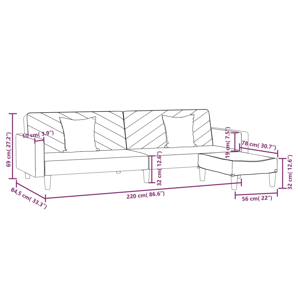 2-местен диван с две възглавници и табуретка, светлосив, кадифе