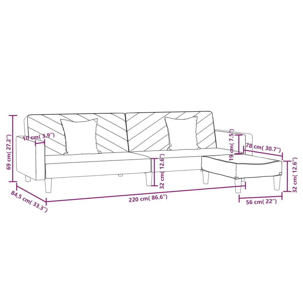 2-местен диван с две възглавници/табуретка виненочервен кадифе