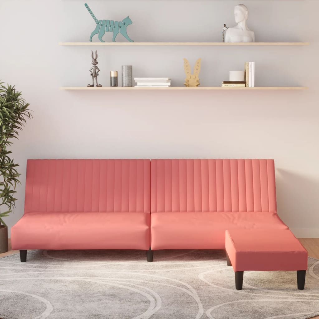 Kétszemélyes rózsaszín bársony kanapéágy lábtartóval 