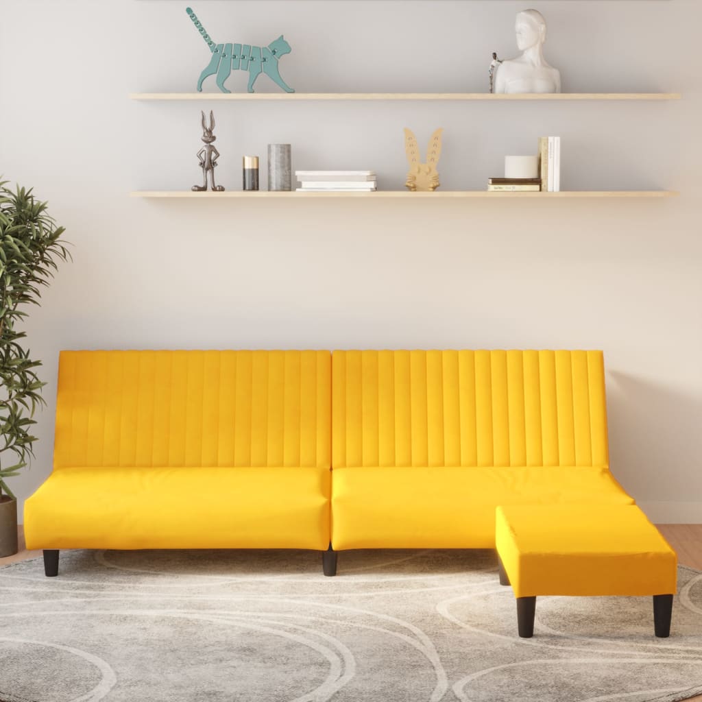 Canapea extensibilă cu 2 locuri și taburet, galben, catifea