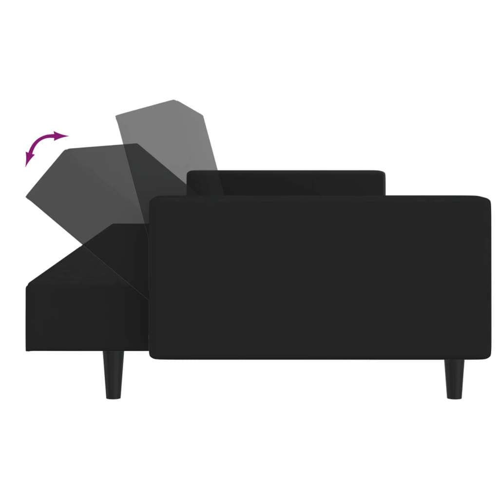 Kétszemélyes fekete bársony kanapéágy lábtartóval 