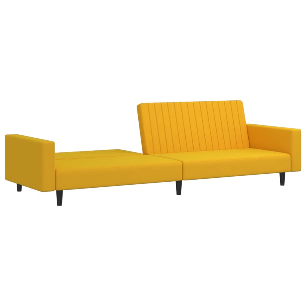 Kétszemélyes sárga bársony kanapéágy lábtartóval 